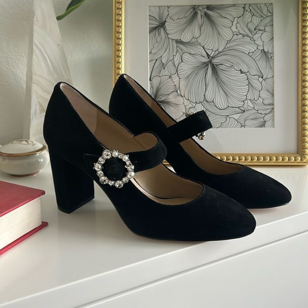 Ann Taylor Adaline Block Heel Maryjane Black Suede Pumps Sz 10